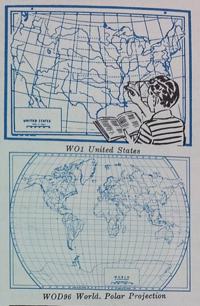 Student demonstrating the usefulness of the outline map in a 1950's A.J. Nystrom brochure.