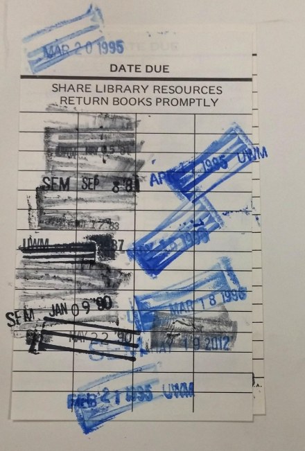 Date due slip showing number of times Sister Dolores's dissertation has been checked out!