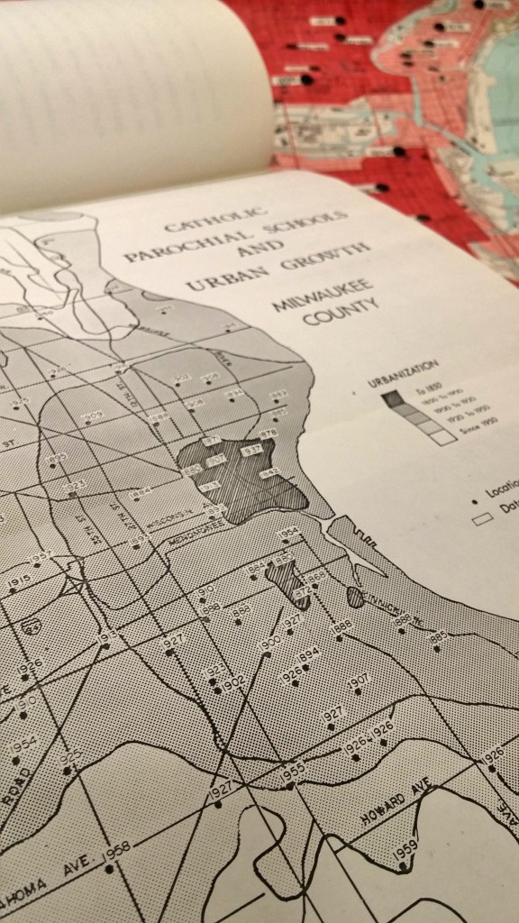 Catholic parochial schools and urban growth, Milwaukee County (showing location of schools and date of establishemtn)
