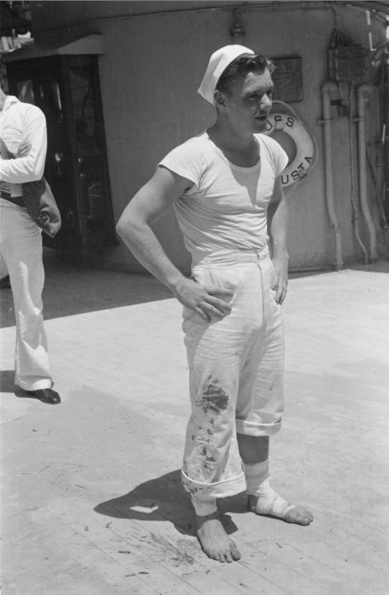 Shanghai (China), wounded sailor on deck of U.S.S. Augusta