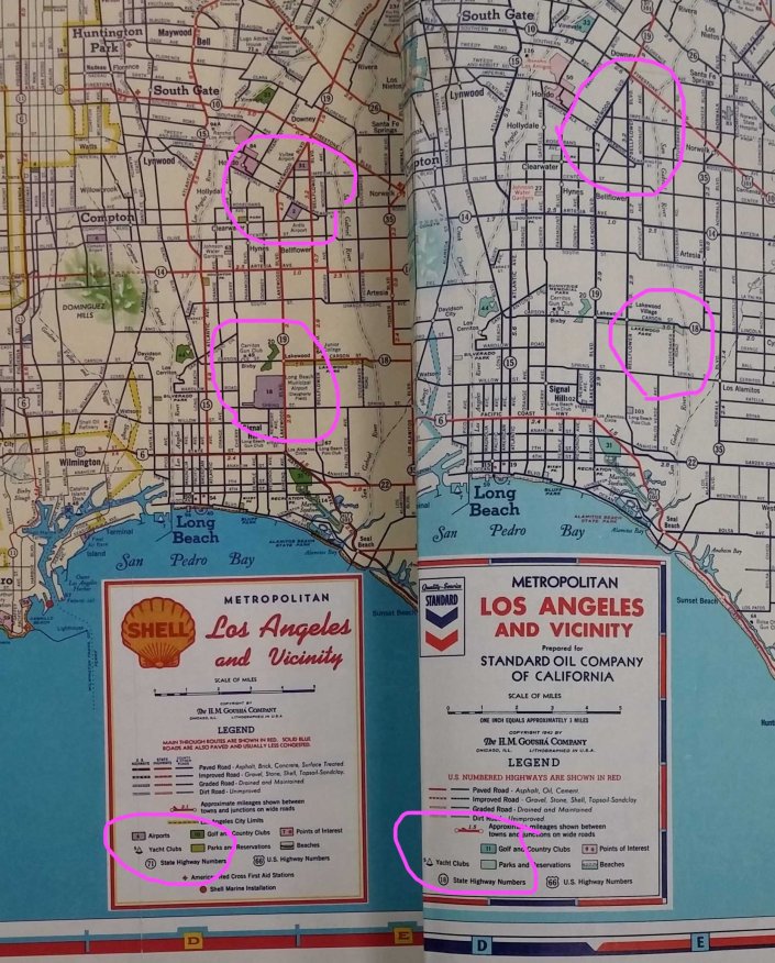 H.M. Gousha map of Los Angeles. 1940 on the left and 1942 at the right showing wartime masking.
